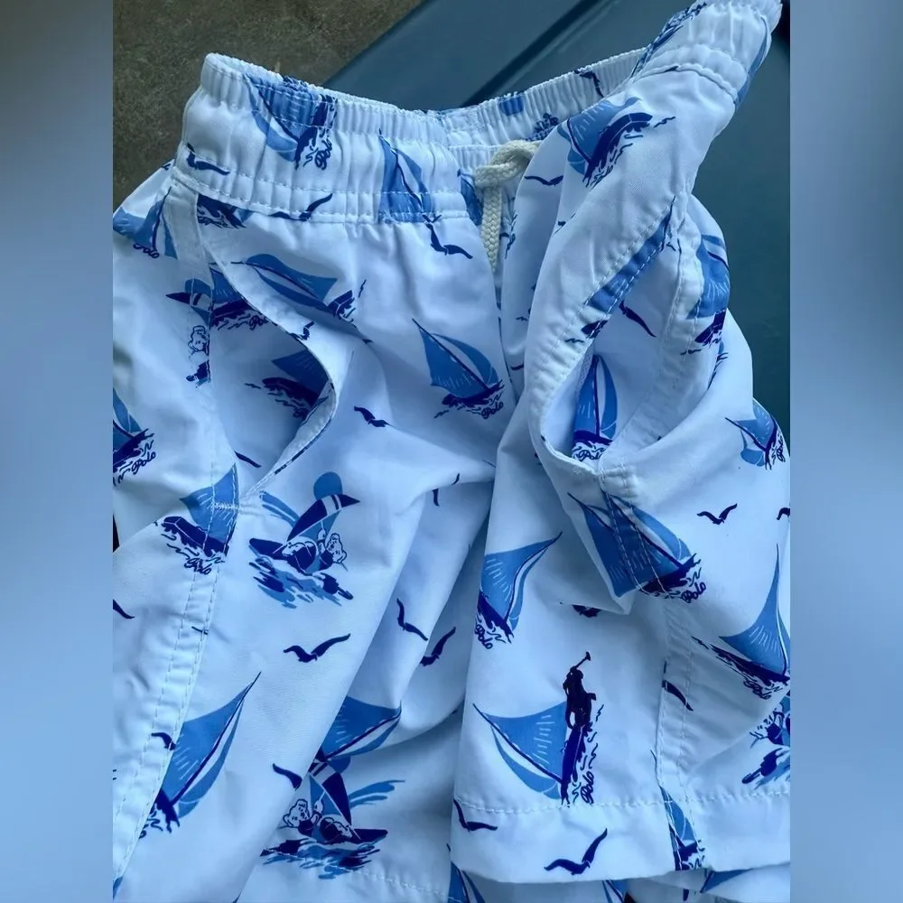 POLO RALPH LAUREN Traveler Polo Bear Swim Trunk Boys Size 7 Blue White